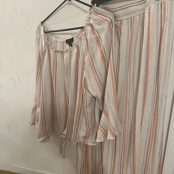 AB Studio Pants - AB Studio 2-Piece Set – Striped Off-Shoulder Top & Wide-Leg Pants – Size XXL